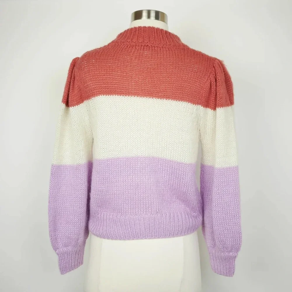 Gianni Bini cropped striped sweater with slight puff at shoulder Mock turtleneck - Picture 8 of 10